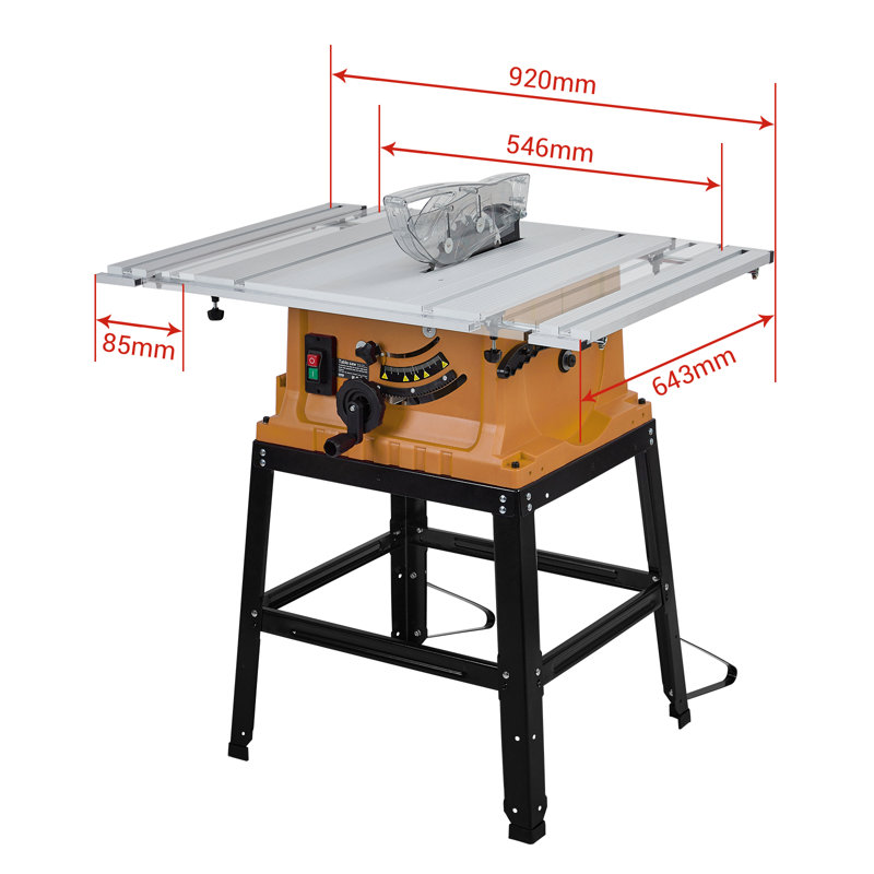 Scie de table 10 po avec support, scie portative de 15 ampères avec 5000 tr / min, coupe transversale à 90 ° et coupe biseautée de 0 à 45 °, hauteur de lame réglable pour le travail du bois