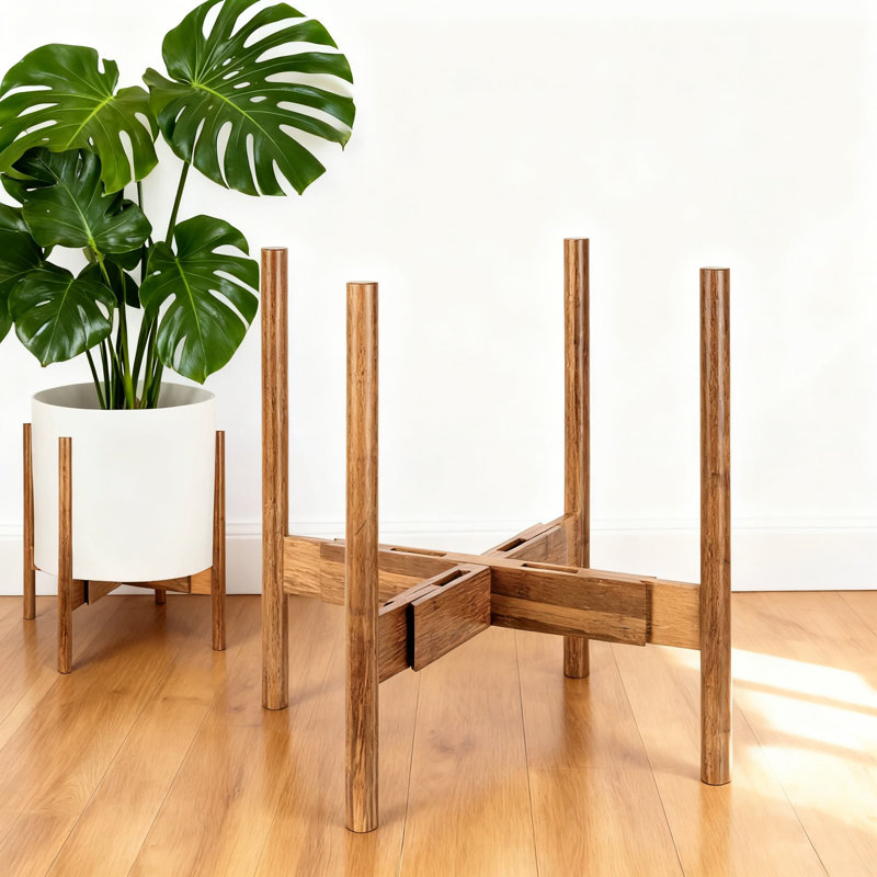 Support réglable pour plantes d'intérieur en bambou 11 à 15 pouces | Design Mid-Century moderne à brancher | Assemblage facile et deux options de hauteur | Fabrication tissée durable