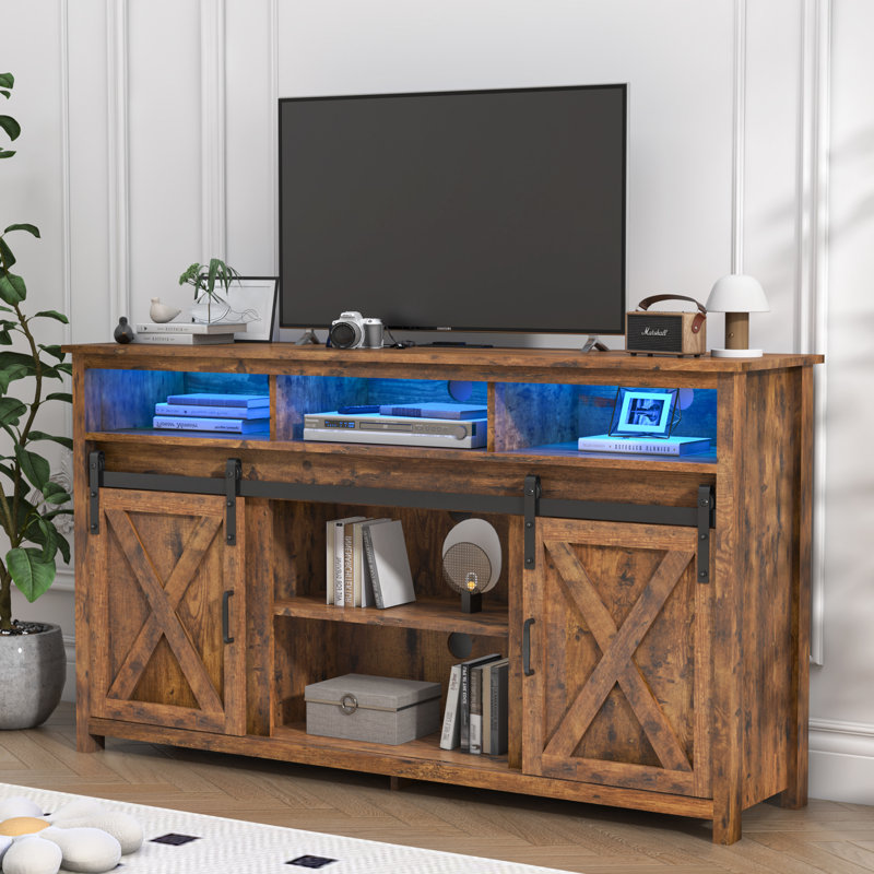 57” Wooden Farmhouse TV Stand for 60/65 inch TV,Double Layer Storage Entertainment Center TV Console Table,w Double-Row Sockets and 2 Sliding Barn Door,Media Cable Box