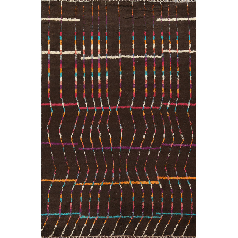 Tapis brun en laine noué à la main de conception unique 7 pi 10 po x 10 pi 9 po marocain