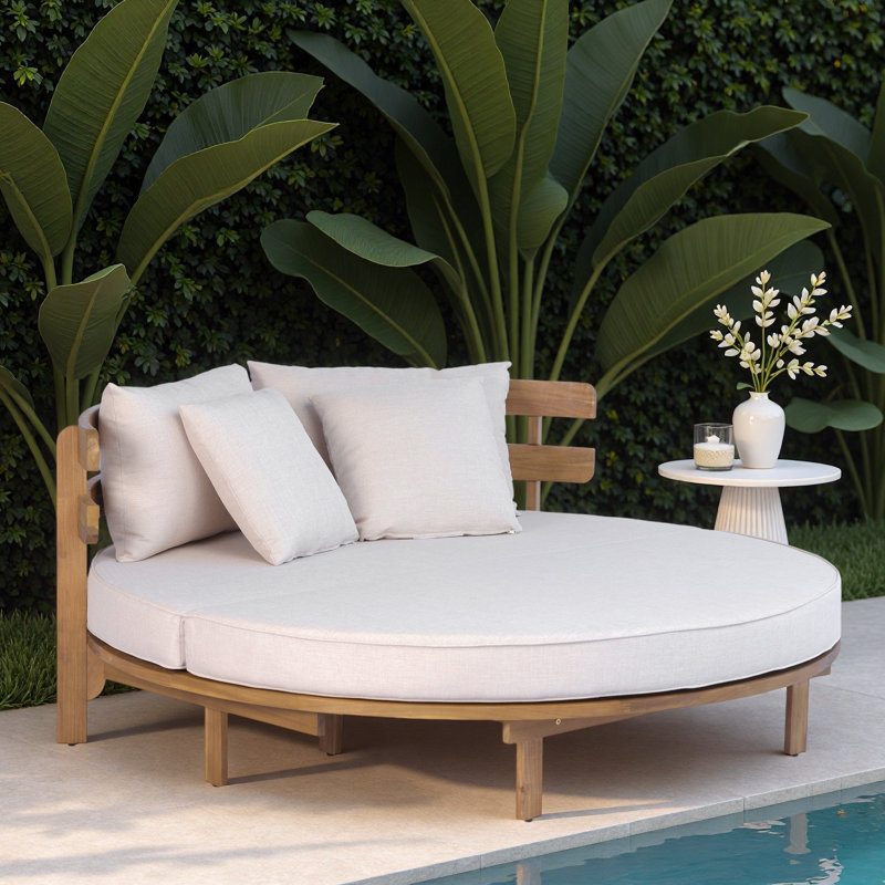 Lit de jour d'extérieur rond avec dossier à lattes demi-rond, coussins moelleux, coussin pliable, housses de coussin amovibles et repose-pieds réglables
