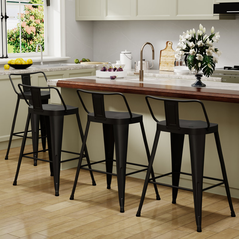 Hamblen Saddle Seat Metal Counter and Bar Stool (Set of 4), Counter Stool (25.4" Seat Height), Black
