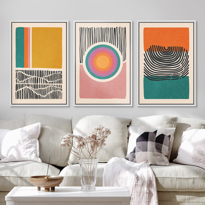 Abstract Vibrant Color Blocks " Mid-Century Multicolor Color Block Shape Abstract Geometric " 3 - Pieces, White