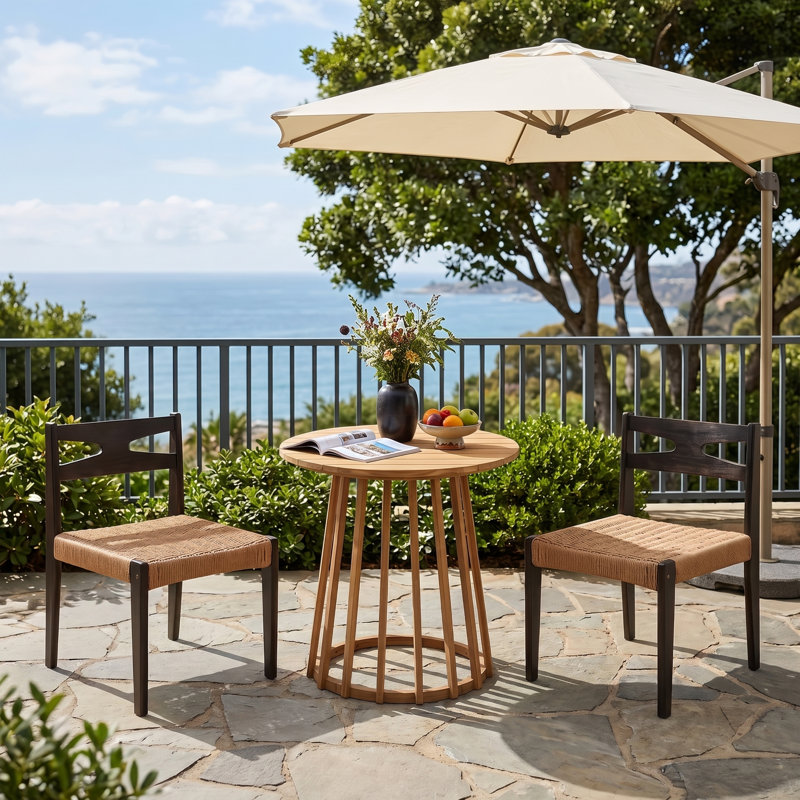Ensemble de salle à manger bistro moderne en bois d'acacia avec chaises en osier tressé et table ronde à lattes pour 2 personnes Ziven