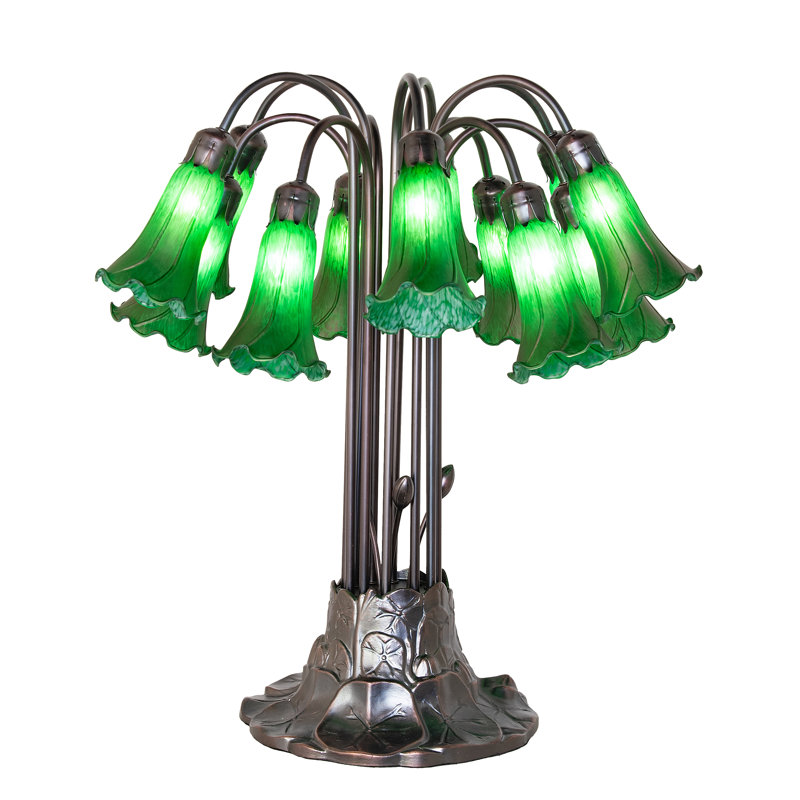 24" High Blue/White Tiffany Pond Lily 12 Light Table Lamp, 24", Green