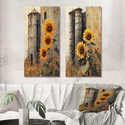 «Farm Sunflowers Around The Silo III», art mural floral 2 pièces