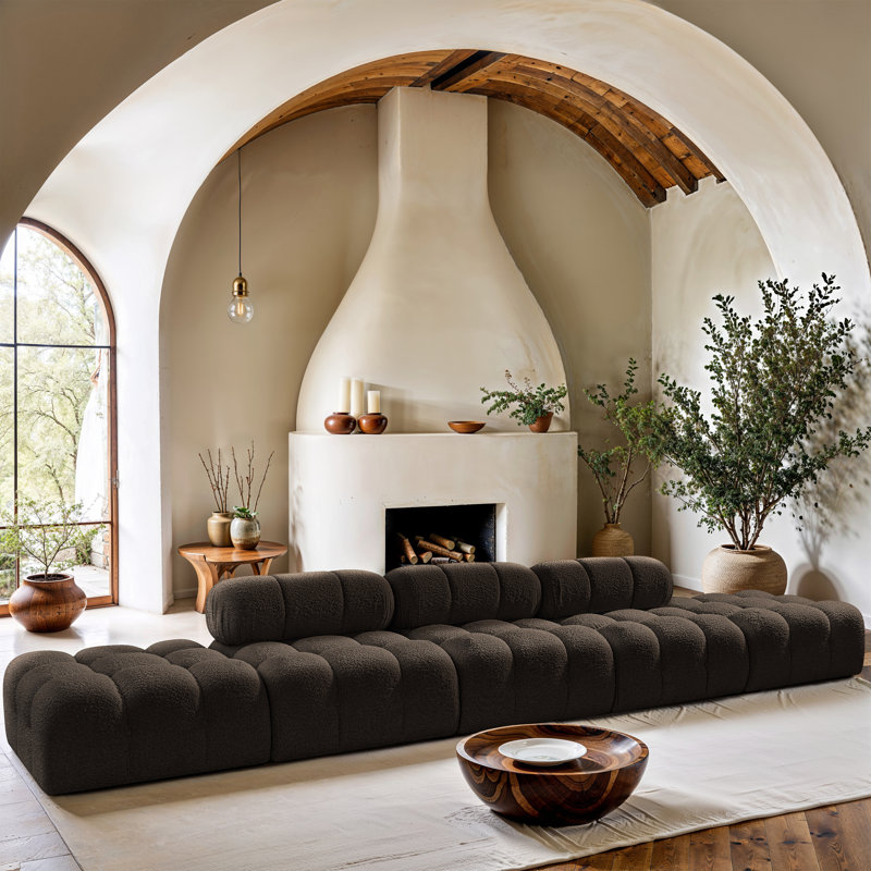 Ames Upholstered Sofa, Brown Boucle Fabric, 3 Armless, 2 Ottoman