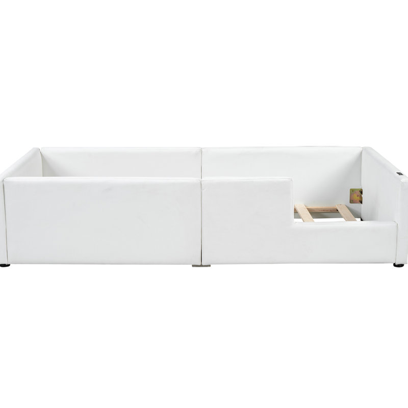 Lit plateforme tapissier simple blanc avec garde-corps et port de charge facile