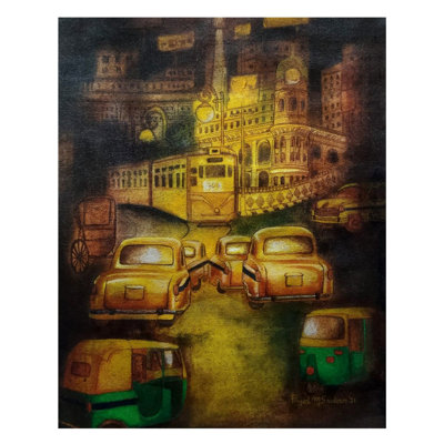 Kolkata My City - Night View Traffic | Charcoal And Acrylic On Canvas | By Payel Mitra