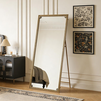 Miroir pleine grandeur avec support, grand miroir d'appoint 70,1 po x 31,9 po suspendu au sol ou suspendu au mur pour le salon d'une chambre à coucher, or antique