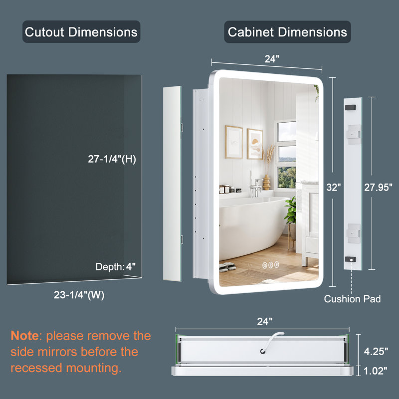 Medicine Cabinet with Lights, Round Corner, Recessed/Surface, Plug-in/Hardwired, Outlets+USB+Type-C,, 32"H x 24"W x 5.43"D