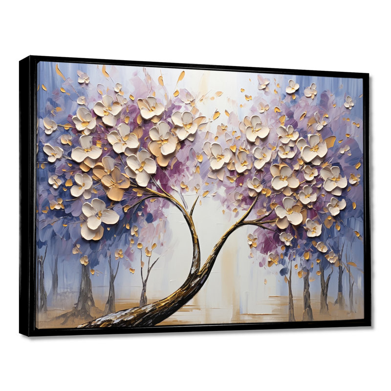 Arbre en fleurs avec fleurs blanches I, Cadre flottant noir, bois massif, H 30 po x l 40 po