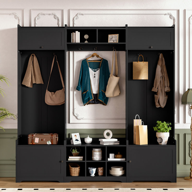 Arbre d'entrée avec banc de rangement pour chaussures, 8 casiers, 7 crochets à manteau et tablette réglable, Noir