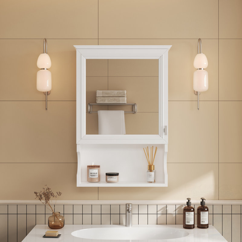 Armoire de rangement murale pour salle de bain avec miroir et tablette ouverte, Blanc