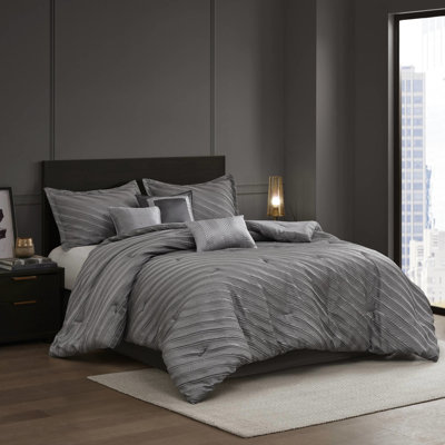 Queen Comforter Grey 7 Pcs - Modern Elegance Diagonal Striped, Shimmering Bedding, Matching Shams, Decorative Pillows Pattern, Stylish Bedding With , , All Season Comfort