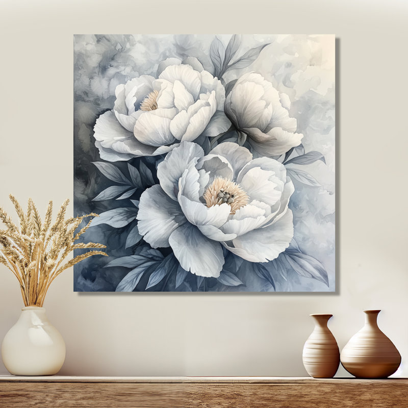 Pivoine monochrome givrée Bloom III - pivoines, art mural, H 16 po x l 16 po, Toile tendue, Ne s’applique pas