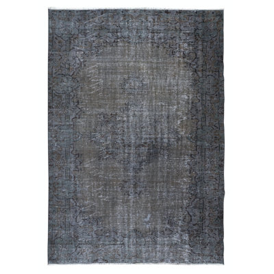 Tapis moderne gris 6 x 8,5 pi avec médaillon, tissé et noué à la main en Turquie
