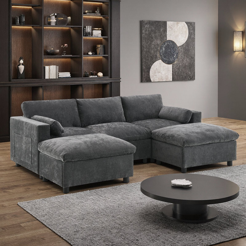 Canapé modulaire 86 places en chenille de 86,5 pouces avec poches de rangement et 2 repose-pieds, blanc, Gris foncé