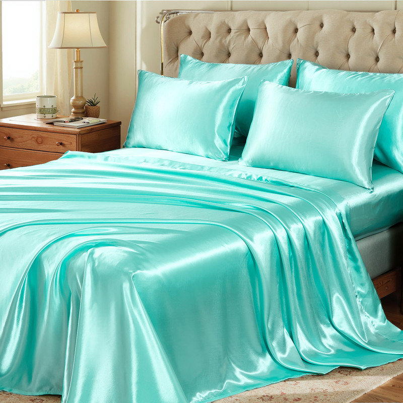 Ensemble d'édredon satiné avec draps pour grand lit 8 pièces Ensemble de literie soyeux vert turquoise avec housse de coussin
