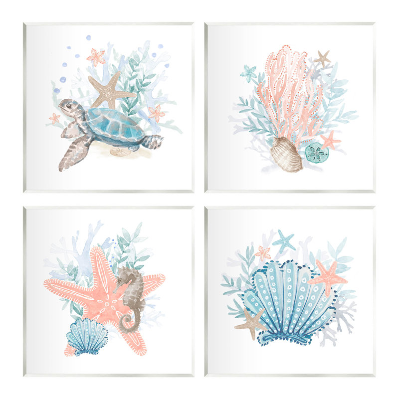 «Sea Life Nautical Coral Reef», ensemble de 4 plaques murales par Lanie Loreth, Bois, H 12 po x l 12 po x P 0,5 po