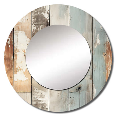 Roudy Rustic Farmhouse Wooden Planks - vintage  Unique Wall Mirror Decor, Brown Large Round Mirror, Printed Metal Art