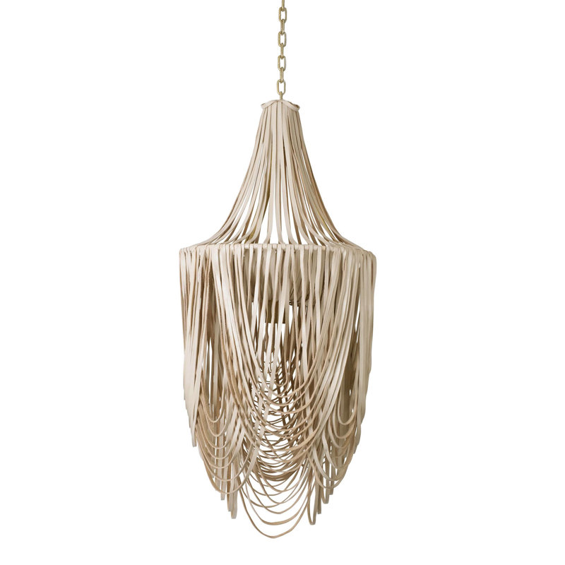 Small Leather Fringe Chandelier w/ Crown, Cream