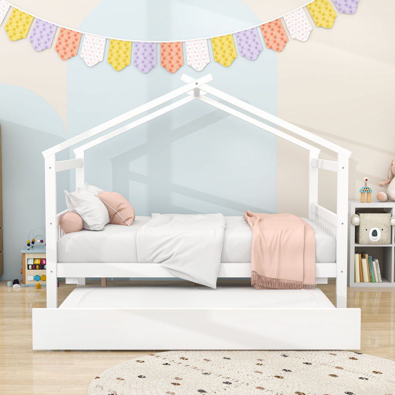 Lit double en bois avec lit gigogne simple et pieds centraux, Double, Blanc
