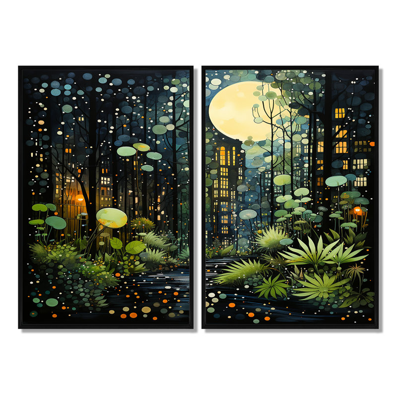 Vert et jaune, Urban Jungle II - ensemble d'art mural moderne de 2, Black, 36" H x 48" W, Impression encadrée flottante