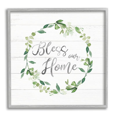 «Bless Our Home Farmhouse Leaves Wreath Calligraphy» par Carol Robinson - cadre flottant, art textuel sur bois