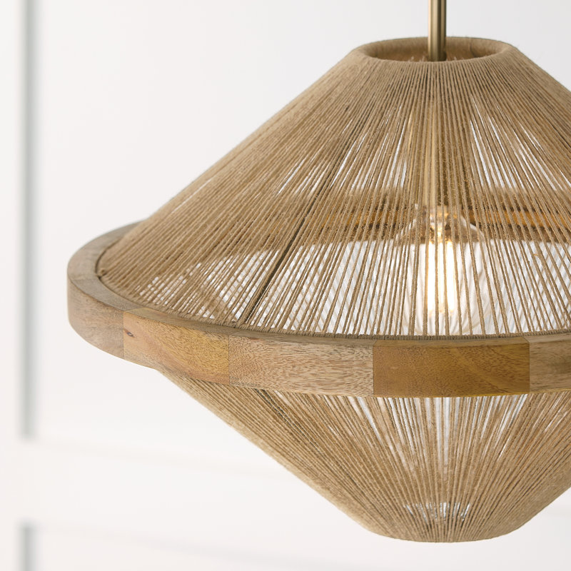 19.75W x 16.25H 1-Light Dual Mount Pendant in Matte Brass with Mango Wood and Handwrapped Jute Rope