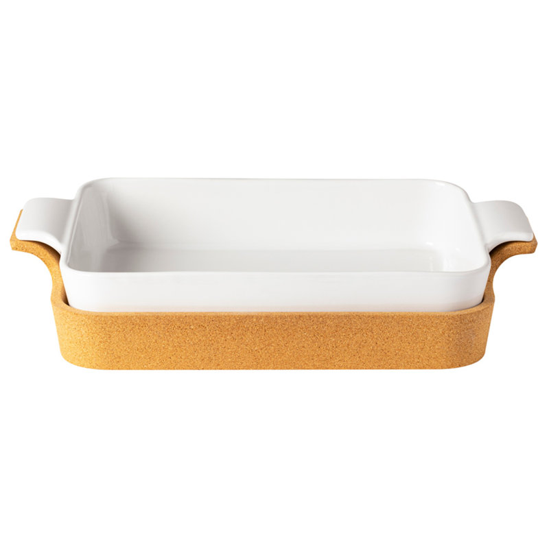 White Stoneware Rectangular Baker with Cork Tray, 16" x 10.25"