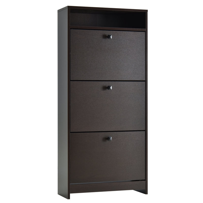 Espresso Slim Shoe Cabinet with 3 Large Fold-Out Drawers & Spacious Top Surface