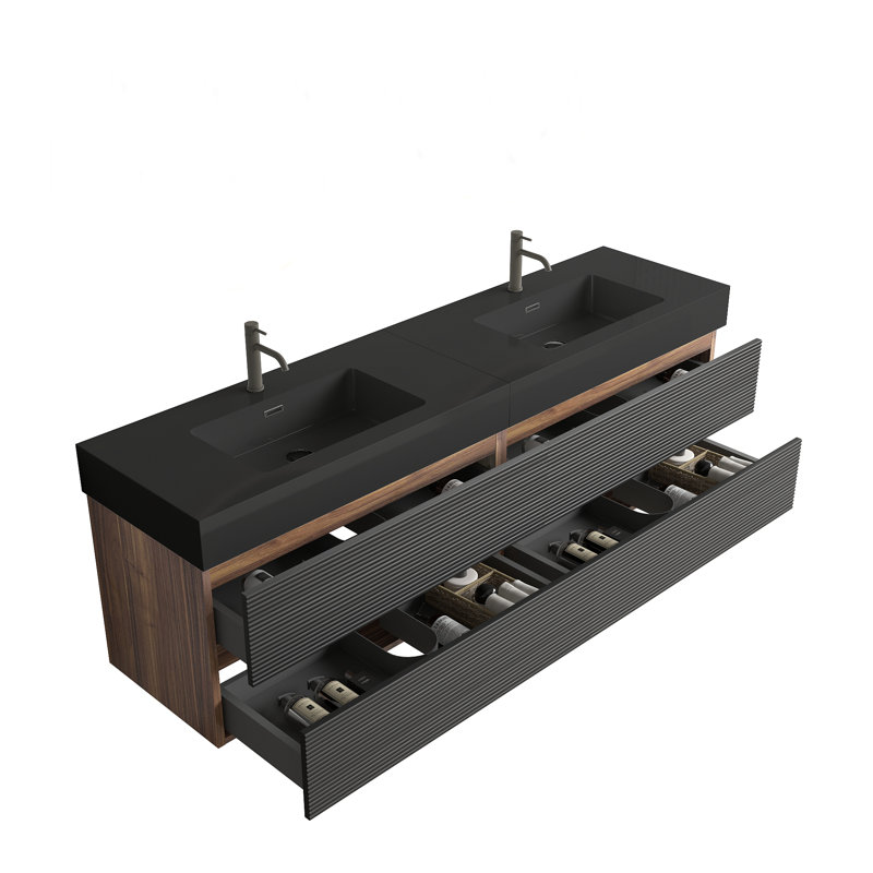 Meuble-lavabo 72 po avec lavabo à quartz mat et tiroirs souples, meuble-lavabo mural flottant pour salle de bain moderne, lavabo une pièce mat