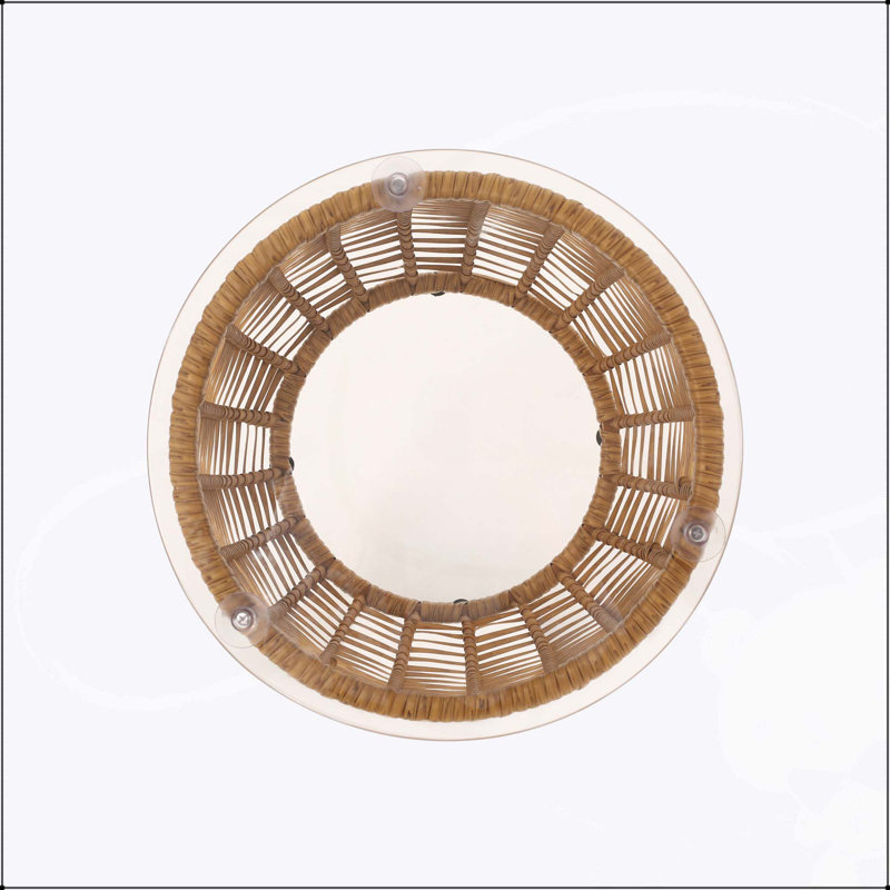 Arias Boho Rattan Side Table with Tempered Glass Top and Durable Metal Frame for Outdoor Use, Marron clair