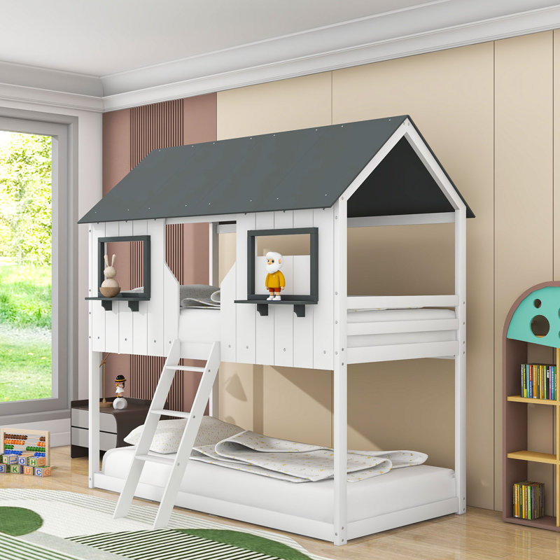 Bowning Twin Over Twin Wooden House Bunk Bed, White
