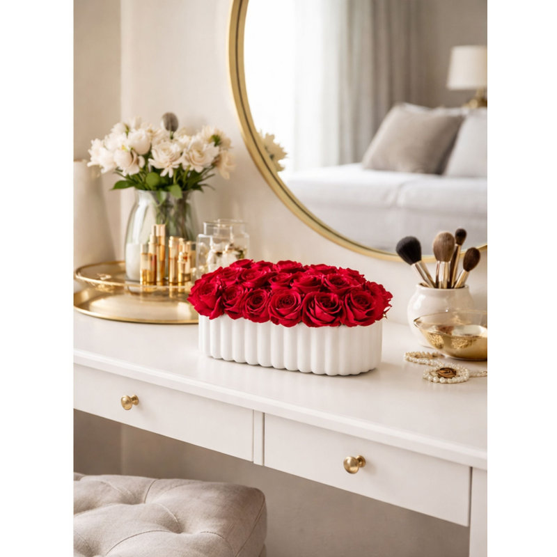 Faux Rose Arrangement in White Vessel