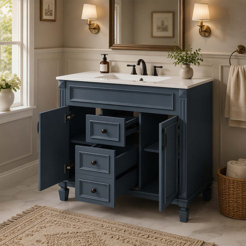 Meuble-lavabo moderne de 91 cm (36 po) avec lavabo, portes à fermeture douce et rangement dissimulé pour une organisation optimale.