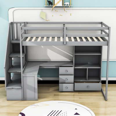 Hadasa Twin 4 Drawer L-Shaped Bunk Beds with Bookcase and Built-in-Desk by Harriet Bee