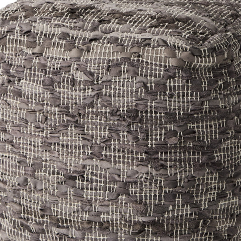 16" Brown and Gray Cotton And Leather Geometric Cube Pouf Ottoman