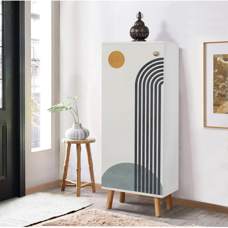 Modern Shoe Cabinet with Solid Wood Legs & Handles, White, 19.7 x 53.1 x 15.0 inches | 100% Melamine Coated Chipboard, Thickness: 0.7 inches | UV Coated, Numerous Shelves, Stylish & Functional Storage Solution