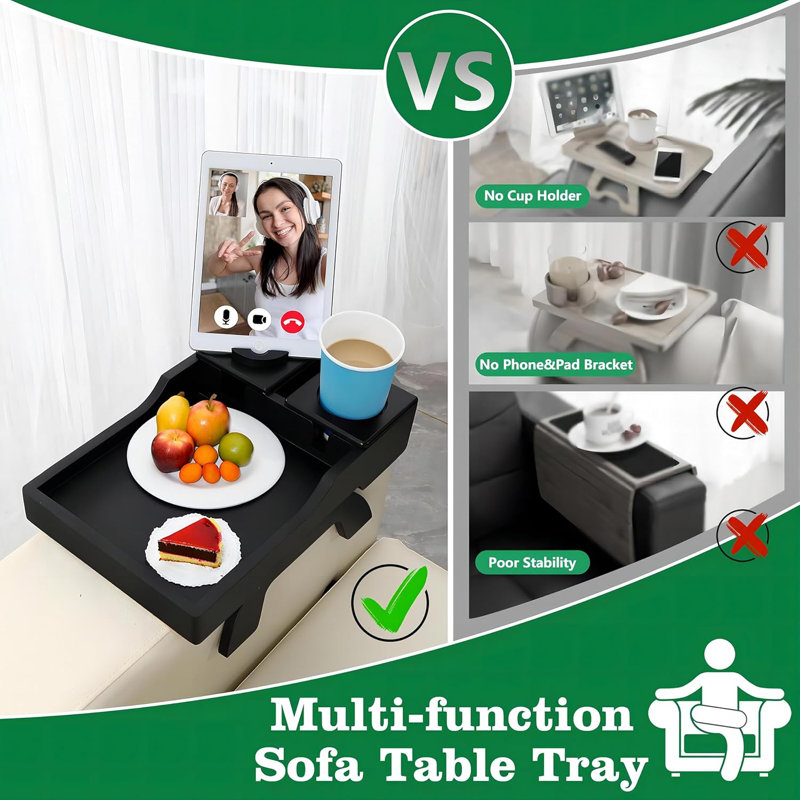 Multi-Function Sofa Arm Tray Table With 360° Rotating Phone & Tablet Holder, Non-Slip Drink Holders, Adjustable Design For Couch, Eating, Working And Watching TV