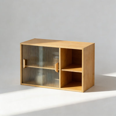 Bamboo Wall Cabinet With Glass Doors - Small Kitchen Pantry Sideboard For Storage In Living Room, Dining Room Or Bedroom