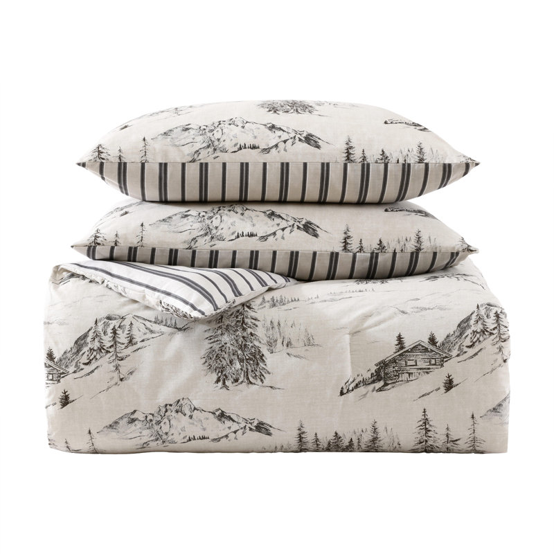 Eddie Bauer Rocky Mountain Cabin Cotton Reversible Grey Duvet Cover Set, Queen Duvet Cover + 2 Standard Pillowcases