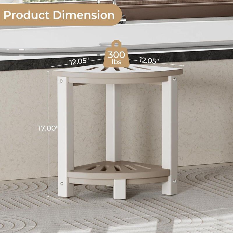 Wood and White Corner Shower Stool with Storage Shelf