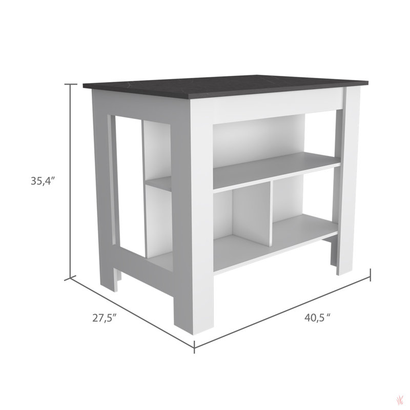 Îlot de cuisine, quatre pieds, trois tablettes, Gris foncé, Blanc