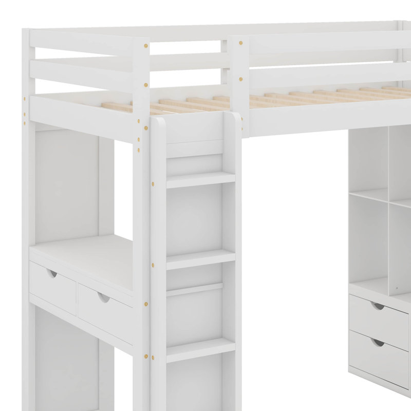 Lit mezzanine avec grandes tablettes, bureau et lumière DEL, Lit simple, Blanc