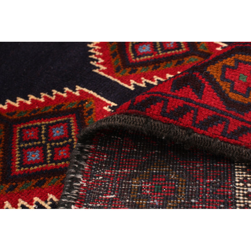 Tapis bleu marine / rouge / beige en laine noué à la main