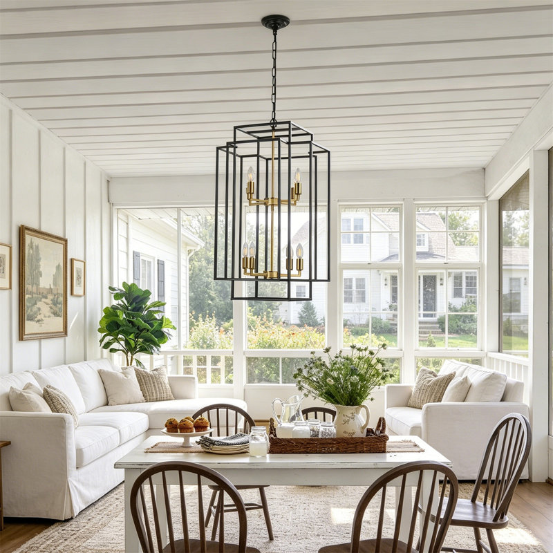 8-Light Black Geometric Cage Chandelier, Adjustable Height, Black Gold