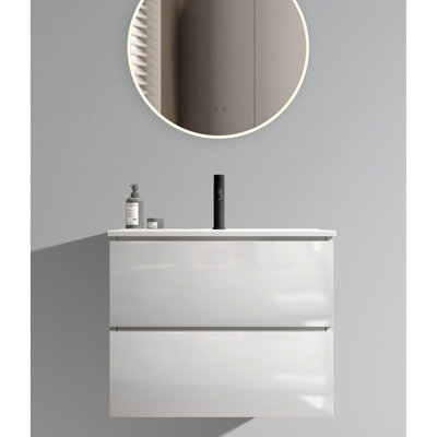 Meuble-lavabo de salle de bain blanc brillant 24 po - aspect moderne avec lavabo en céramique et vaste ensemble de tiroirs silencieux, tiroirs, grande capacité de rangement