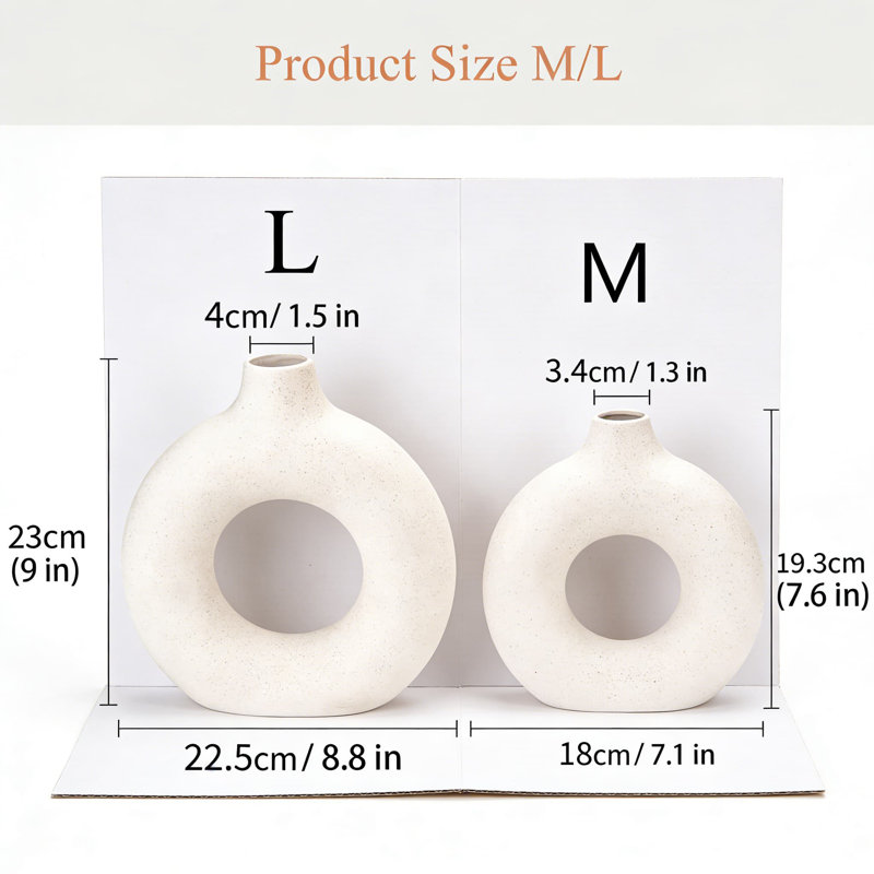 Ensemble de 2 vases à beignets en céramique blancs, vases à fleurs ronds et mat modernes pour décoration intérieure boho, centre de table de mariage et présentoir à tablettes